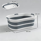 Foldable grey dog bath tub showing dimensions, drain hole area, and flat base