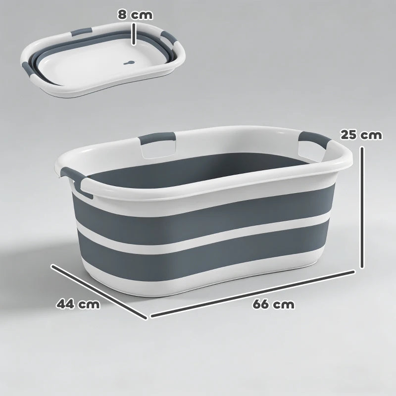 Foldable grey dog bath tub showing dimensions, drain hole area, and flat base