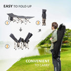 Portable camping cot with steel frame, grey bed shown folded and carried