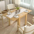Natural wood rectangular extendable dining table with drop-leaf side sections