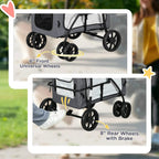 Foldable pet stroller wheel system with front universal wheels and rear brakes