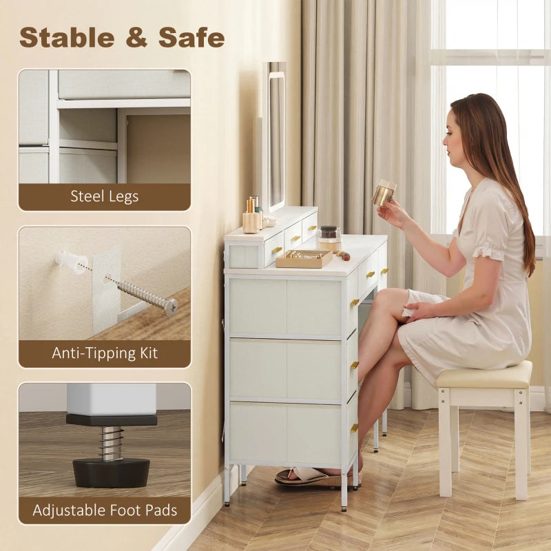 White dressing table with LED mirror on steel legs and anti-tipping kit