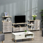 Storage cabinet set with grey fabric drawers and open shelves, light wood top, white frame