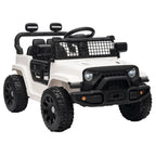 White electric kids ride-on car with front grille, headlights, and black wheels