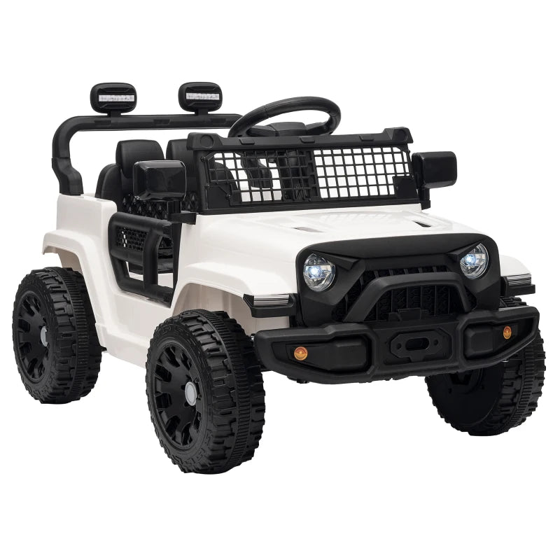 White electric kids ride-on car with front grille, headlights, and black wheels