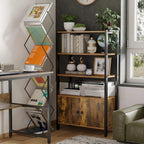 Industrial shelving cabinet with two-door lower storage, rustic brown shelves and black frame