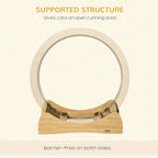 Natural wood cat running wheel with dark inner track and open front support structure