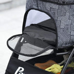 Grey foldable dog stroller with mesh canopy panel and zip front window