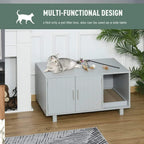 Grey wooden cat litter box enclosure with integrated side table and open entry