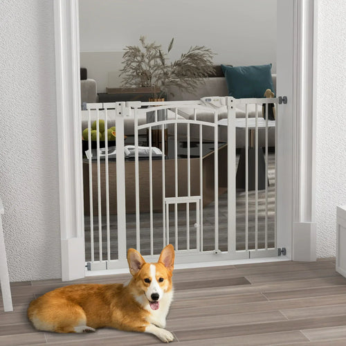 White pressure-fit dog gate installed at doorway for stair-area pet containment