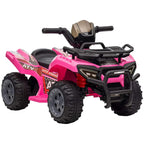 Kids electric ride-on quad bike, pink ATV design with black roll bar and handlebars