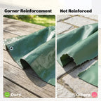 Green PE tarpaulin corner with grommet reinforcement and tear-resistant edge