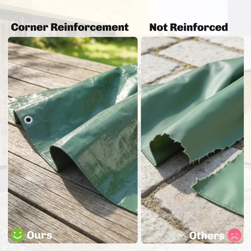 Green PE tarpaulin corner with grommet reinforcement and tear-resistant edge