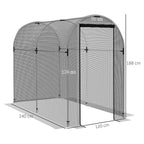 Black steel fruit cage plant tent with zip door, arched mesh walls and base