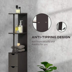 Freestanding dark brown bathroom cabinet with open shelves and drawers; anti-tipping design