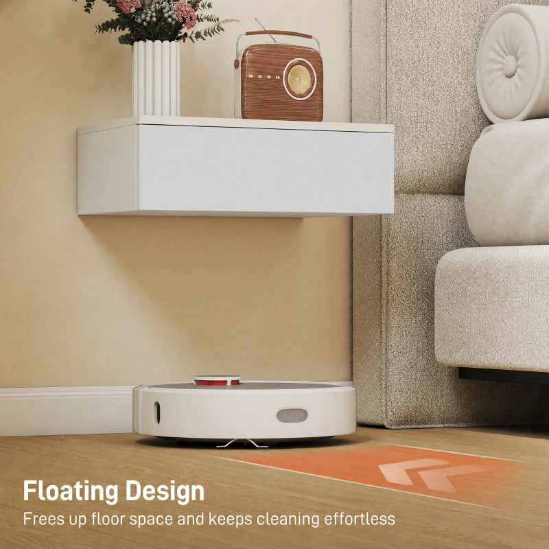 White wall-mounted nightstand with front drawer and recessed storage opening