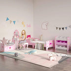 Pink kids storage rack with white removable bins set up in a play area