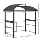 Dark grey grill gazebo front view with side shelves and arched PC board roof