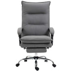 Grey padded massage office chair with recline back and footrest, on chrome wheeled base