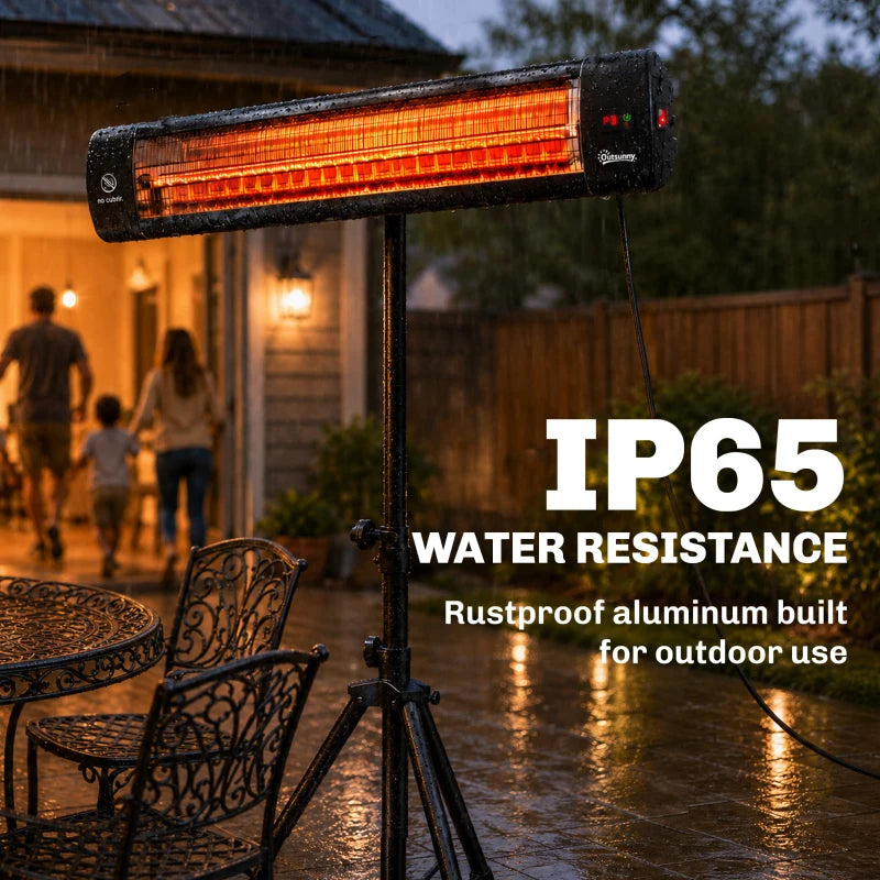 Black infrared patio heater with glowing tube and tripod base outdoors