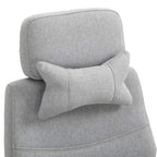 Light grey fabric office chair close-up with headrest and thick lumbar pillow