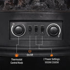 Electric fireplace stove control panel with thermostat control knob and power switches