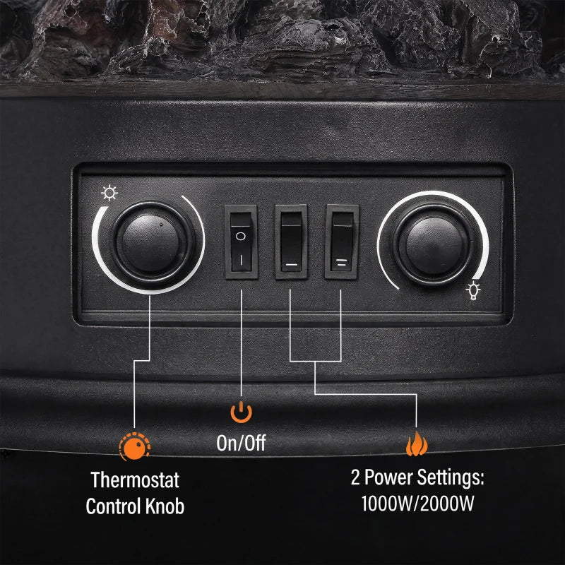 Electric fireplace stove control panel with thermostat control knob and power switches
