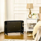 Black portable electric space heater on wheels with side control panel