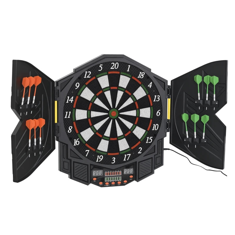 Black electronic dartboard set with LED score display and folding dart holders