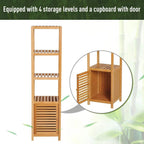 Bamboo tall cabinet with 3 storage levels and slatted door for covered storage