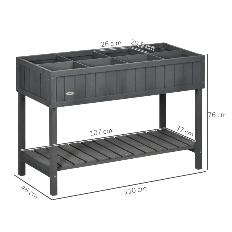 Dark grey plant stand with 8 compartments, raised sides, and bottom shelf (side view)