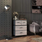 Four-drawer grey wood-look cabinet with top open compartment and bar handles