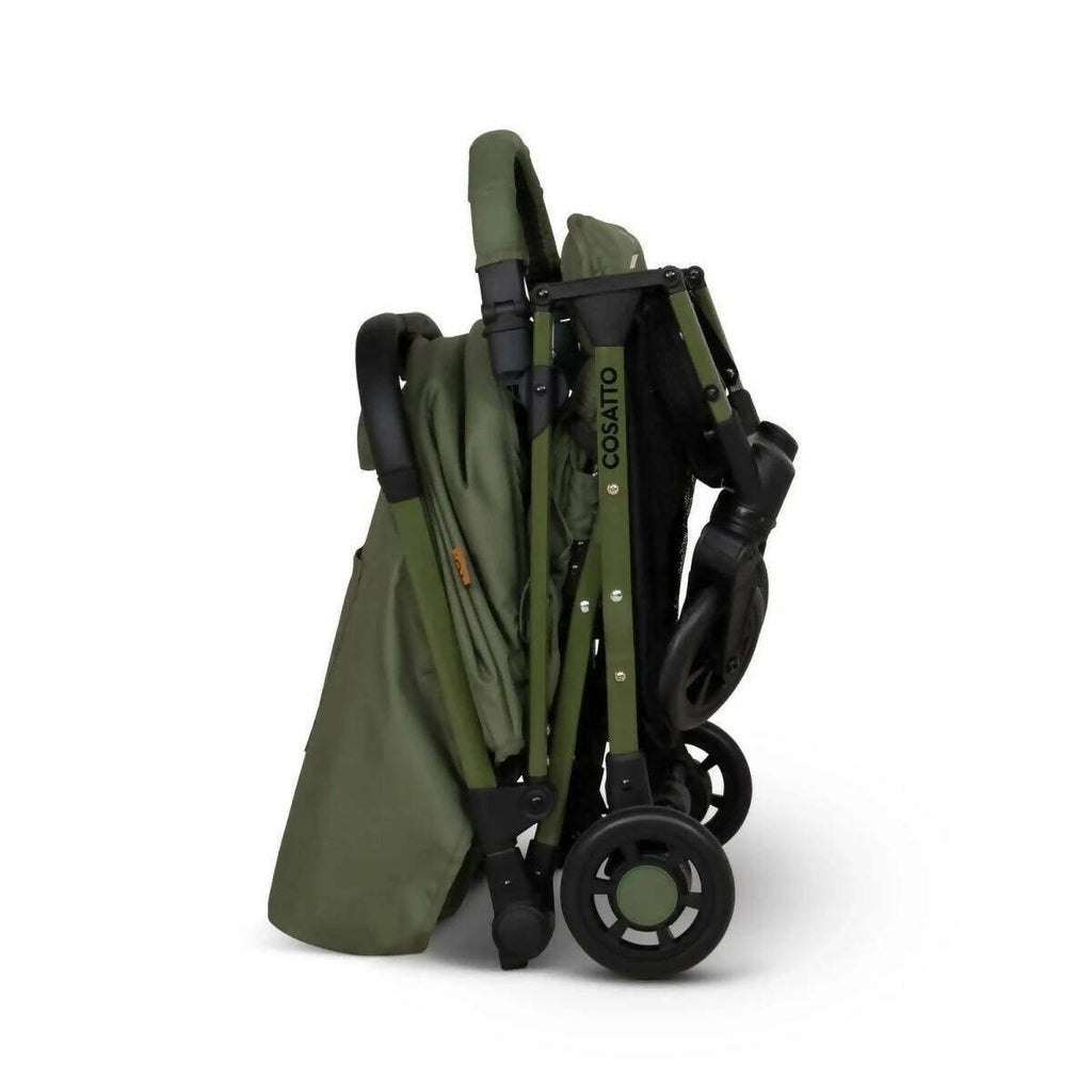 Olive green stroller with folded frame, carry handle, and black wheel base