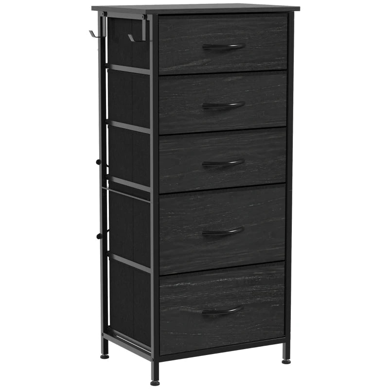 Black fabric drawer dresser with 5 drawers and steel frame, tall vertical storage unit.