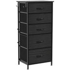 Black fabric drawer dresser with 5 drawers and steel frame, tall vertical storage unit.