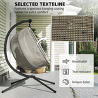 Hanging egg chair pod with grey mesh and black circular frame on folding stand.