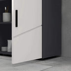 Light grey cabinet door with long black handle and dark side panel, under-sink size