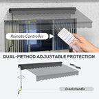 Dark grey electric awning operated by handheld remote controller