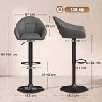 Grey adjustable bar stool with padded seat, curved backrest, armrests, and footrest ring
