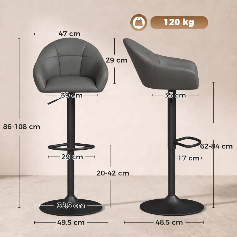 Grey adjustable bar stool with padded seat, curved backrest, armrests, and footrest ring