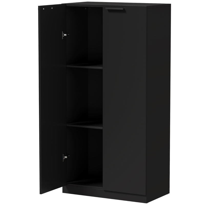 Black tall storage cabinet with two hinged doors and three interior shelves