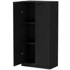 Black tall storage cabinet with two hinged doors and three interior shelves