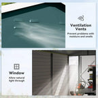 Metal garden shed features card showing ventilation vents and side window for light
