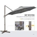 Cantilever patio umbrella with 360 rotating arm, foot pedal control, and cross base