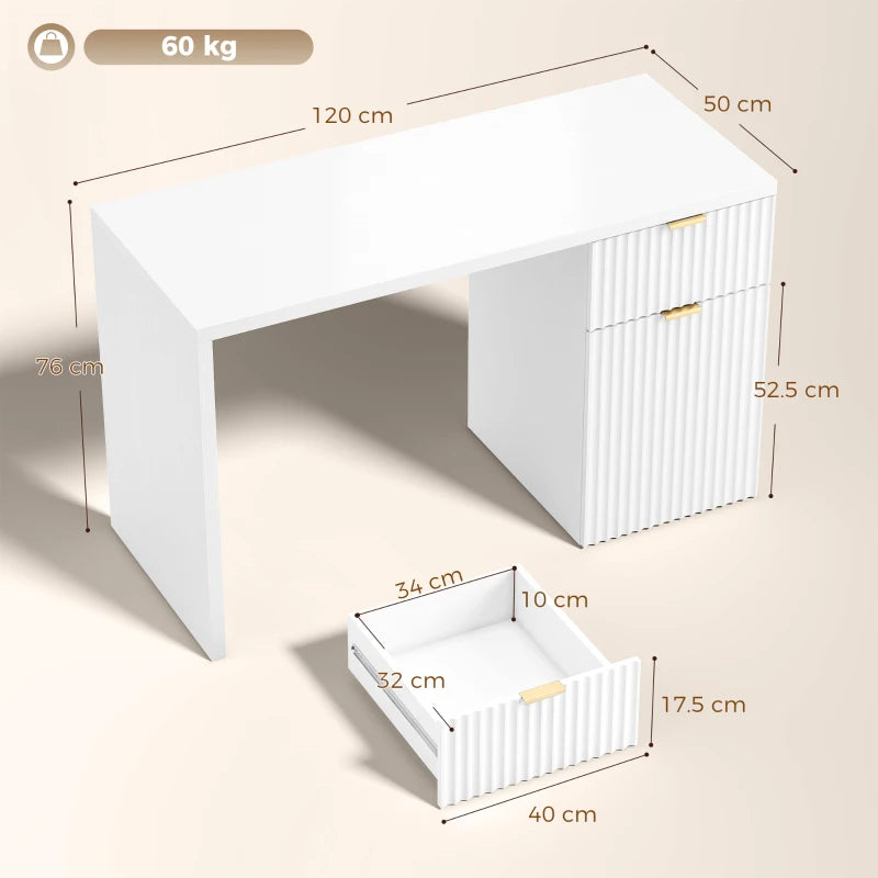 White computer desk with side cabinet and pull-out drawer, thick tabletop