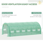 Green greenhouse tent showing roll-up window panels and roll-up door front
