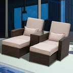 Brown rattan 2-seat sofa lounger set on patio with beige cushions and two pillows