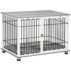 Indoor dog crate end table with lockable doors, white frame, black bars, grey cushion