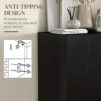 Black shoe cabinet corner with anti-tip bracket hardware on the side