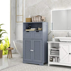 Grey bathroom storage unit with open shelf and lower cabinet, featuring louvered doors and drawers.